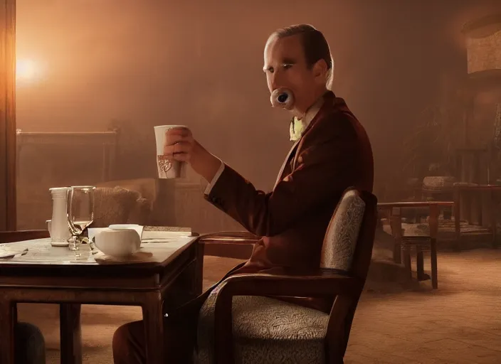 Prompt: A very high resolution image from a new movie, A Weasel wearing a suit drinks tea in a shabby Chinese room, surrounded by water vapor,beatiful backgrounds,dramatic Lighting, directed by wes anderson