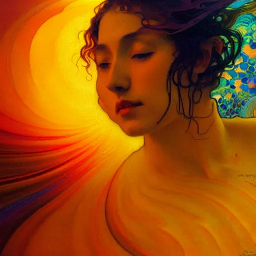 Prompt: transcendent mind bending indigo waves of glossy psychedelic liquid honey flowing like kaleidoscopic translucent amber, lsd waves, honey ripples, enlightenment, dramatic professional lighting, refracted sunset lighting, highly detailed, bodhisattva concept art, art by collier, albert aublet, krenz cushart, artem demura, alphonse mucha