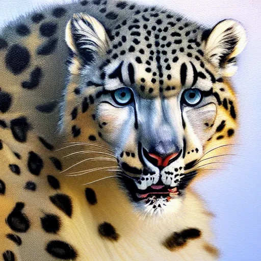Image similar to oil painting of a snow leopard on canvas, by James gurney, realism, warm lighting, award winning, high detail, professional, volumetric lighting