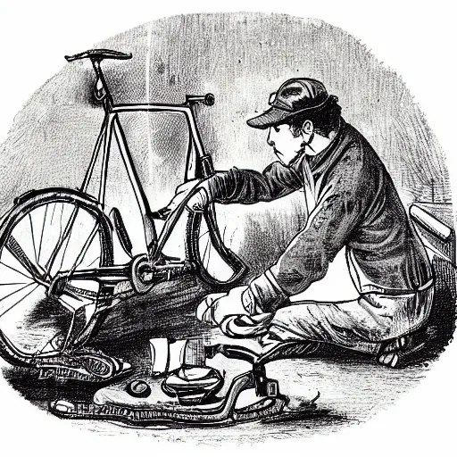 Prompt: man fixing bicycle chain, illustration, in the style of henry rivers