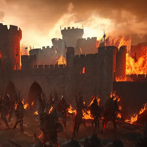 Image similar to medieval knights sieging an org castle while surrounded by fire and angry , Fantasy Apocalypse, MMO, Digital Art, 8k, Unreal Engine 5