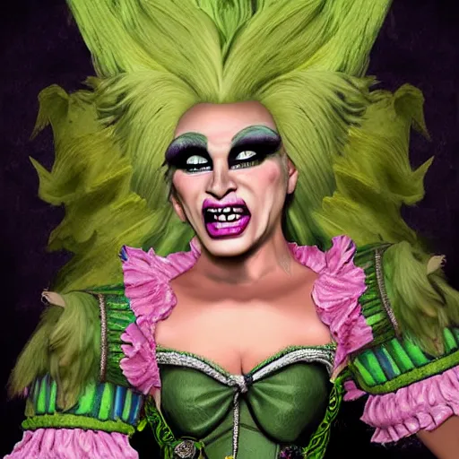 Image similar to d&d character artwork of an orc drag queen (a male orc in frilly women\'s clothing, orc has green skin) who is wearing a very girly prissy frilly rococo ballgown outfit and a huge rococo powdered wig, rococo fashion, drag, girly, fabulous, D&D, fantasy, highly detailed, digital painting, artstation, smooth, sharp focus, illustration, art by artgerm and greg rutkowski and alphonse mucha