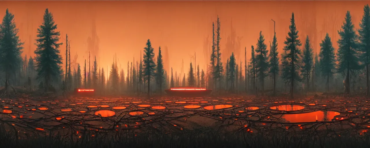 Image similar to a panoramic matte painting, on the left a towering abandoned nuclear plant, in the center a glowing neon orange pool puddle of radioactive sludge, on the right a forest of dead trees and black tree trunks, digital concept art by Simon Stalenhag, Beeple, Jeffrey Smith, Unreal Engine, 8k HDR