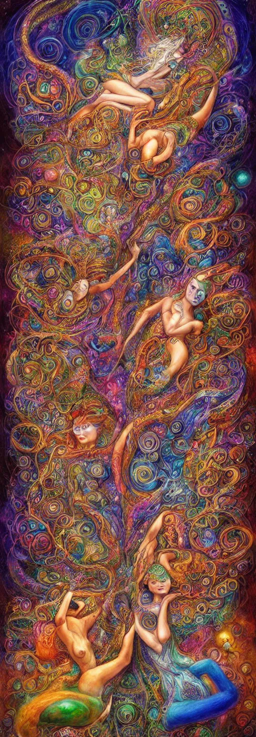 Prompt: two psychedelic shamans intertwined in a cosmic entanglement by Josephine Wall and Daniel Merriam, Artstation