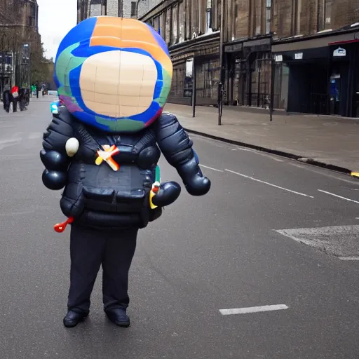 Image similar to Limmy as solid snake ballooning a policeman in Glasgow,