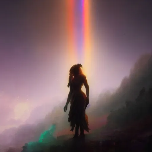 Image similar to A beautiful shiny rainbow with a smiling face, illustrated by Greg Rutkowski and Gaston Bussiere, grim lighting, beautiful volumetric lighting, misty atmosphere, Trending on artstation, 4k, 8k