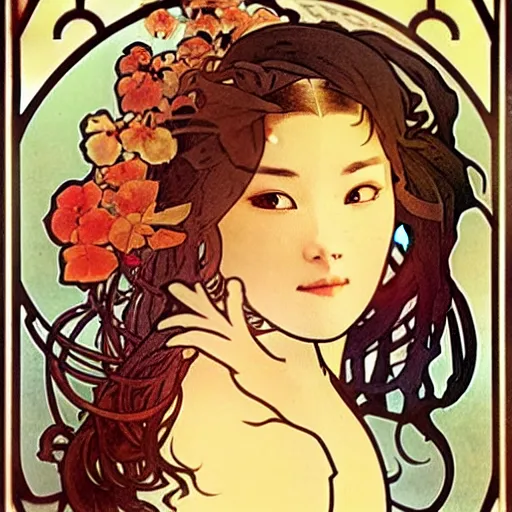 Image similar to beautiful women with oriental faces, character portrait, sharp, art by alphonse maria mucha