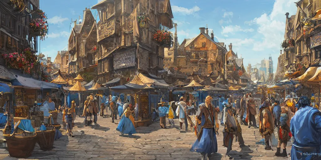 Image similar to a busy fantasy street day market from within a fascinating old city, water streets with gold and blue accented boats by sylvain sarrailh, by sebastian luca, by nicodemus yang - mattisson, cinematic, simple but effective composition, clean lines, beautiful digital painting, oil painting, dungeons and dragons, lord of the rings