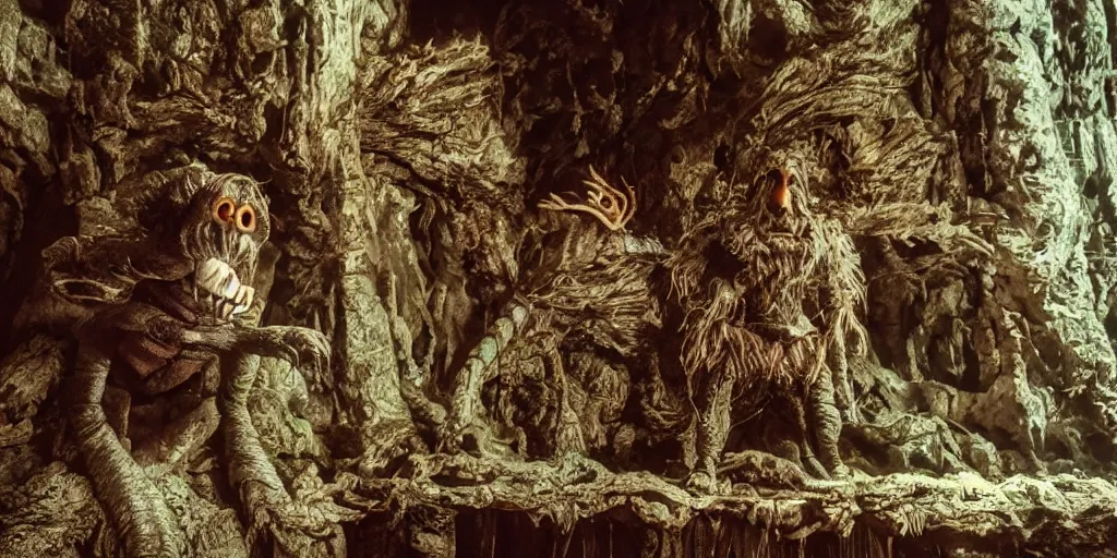 Prompt: A scene from a film in the style of The Dark Crystal, Jim Henson Puppets, realistic, epic adventure, creatures, castle, fantasy, cinematic style, 35mm, film post process