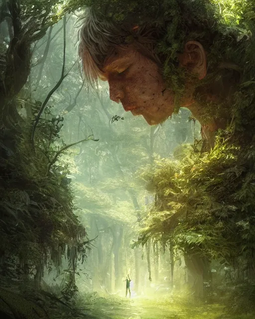 Prompt: a kid looking into a mirror in the hidden garden, green forest, environment art, fantasy art, landscape art, in the style of greg rutkowski, illustration, epic, fantasy, intricate, hyper detailed, artstation, concept art, smooth, sharp focus, ray tracing