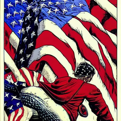 Image similar to learning to love america, by moebius