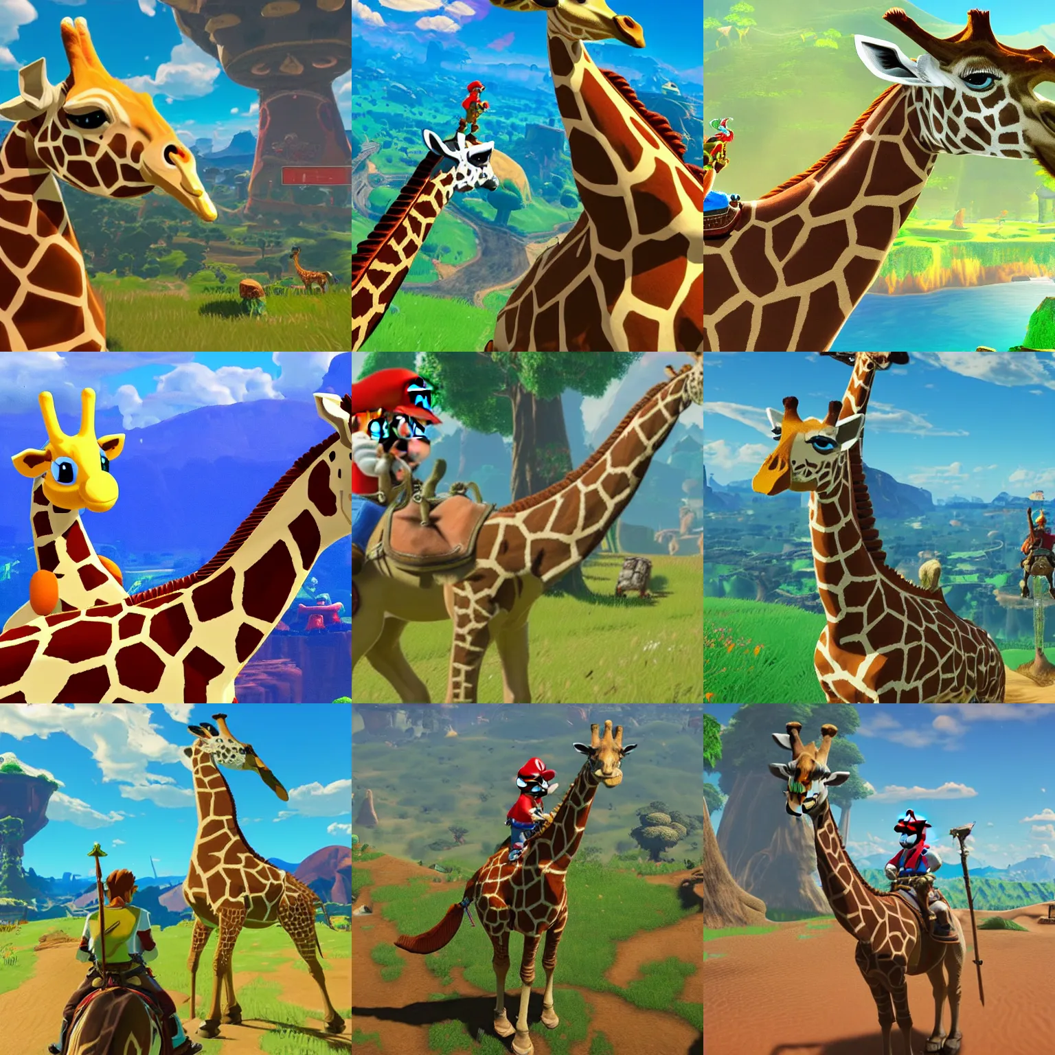 Prompt: mario riding a giraffe, breath of the wild, hd, nintendo, crisp, best graphics, ray traced reflections,