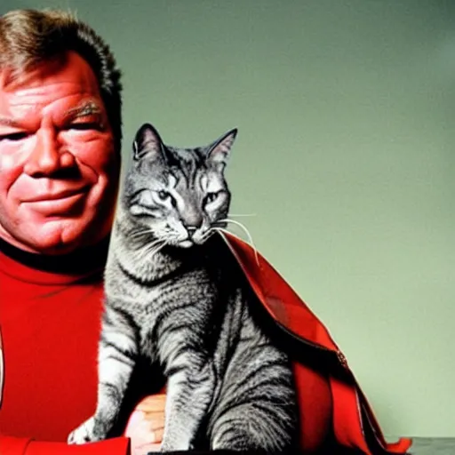 Prompt: william shatner as Captain Kirk, stroking a cat, while plotting the eradication of his enemies. photo. hyper-real