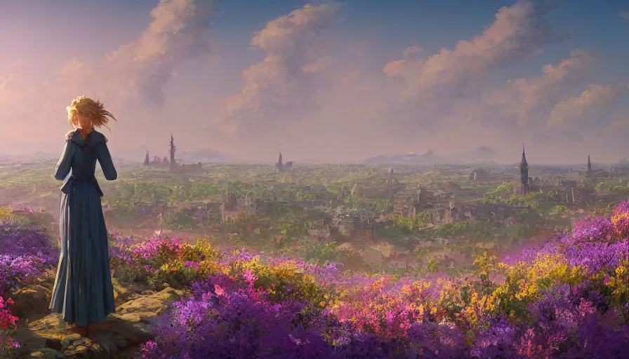 Prompt: over the shoulder landscape painting of violet evergarden standing on a distant colorful flower hill, behind it a distant old european city leiden from violet evergarden, ocean, sunshine, fantasy, intricate, elegant, highly detailed, digital painting, artstation, blender, unreal engine 5, octane render, smooth, sharp focus, illustration, by Anton Fadeev and Philipp A. Urlich and greg rutkowski