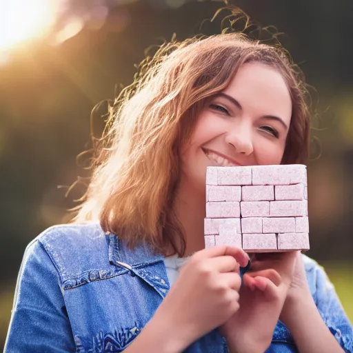 Prompt: beautiful advertising photo of a woman holding scented soap bricks up to the viewer, smiling, summer outdoors photography at sunrise, bokeh, bloom effect