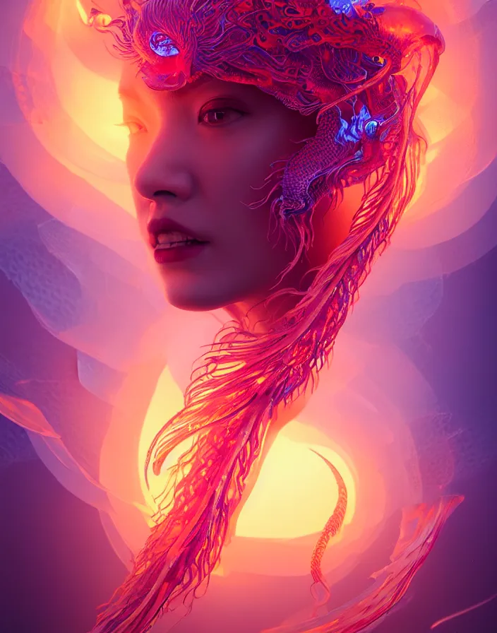 Prompt: goddess close-up portrait, jellyfish phoenix dragon, butterfly squid, burning halo, intricate artwork by Tooth Wu and wlop and beeple, greg rutkowski, very coherent symmetrical artwork, cinematic, hyper realism, high detail, octane render, unreal engine, 8k, Vibrant colors, Smooth gradients, High contrast, depth of field