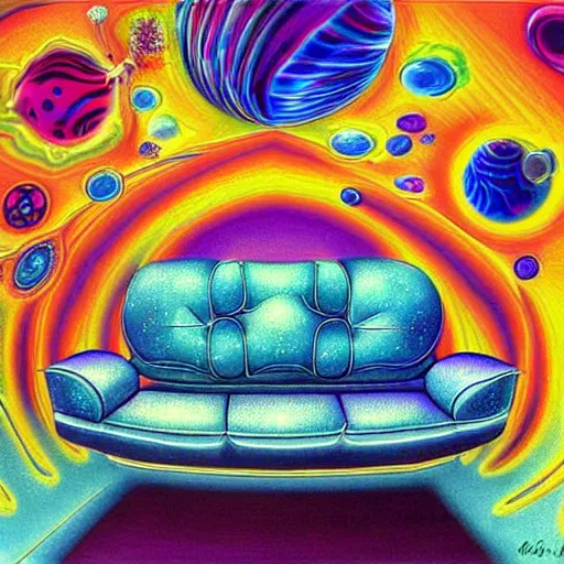 Prompt: psychedelic trippy couch in space, planets, milky way, sofa, cartoon by rob gonsalves and dale chihuly