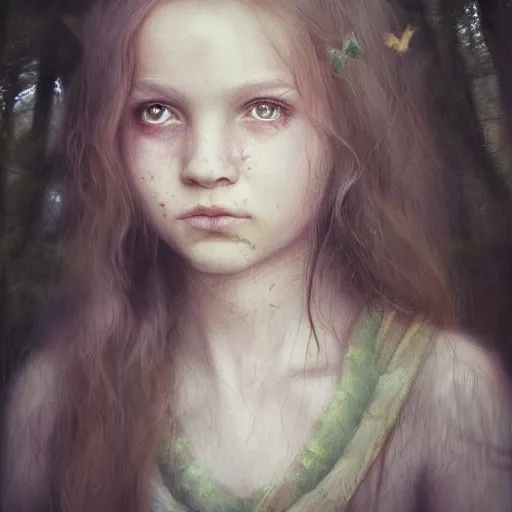 Image similar to a forest child girl portrait by leesha hannigan, fantasy, artwork, digital art, highly detailed face, nature, light, fog