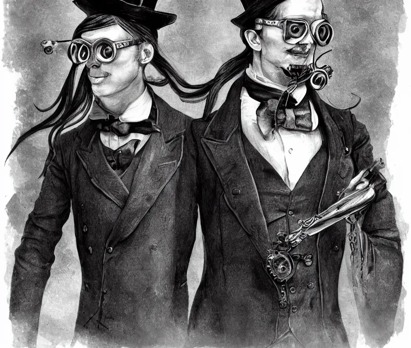 Image similar to The head and upper body of a man with dark medium length longish hair and a middle part, while wearing a top hat and goggles, steampunk, very nostalgic, very melancholic, dramatic angle, rotoscoped, rotoscope, photoshop, photomanipulation, realism, painting, illustration and sketch, weird scribbles, hybrid styles, hybrid art styles, mismatched, trending on artstation, trending on deviantart, weird, quirky, interesting, very detailed, highly detailed, HD Quality, 4k resolution, 8k resolution, in the style of David Firth, in the style of James Lee, in the style of Drue Langlois,