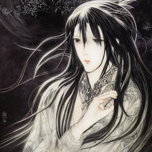 Image similar to yoshitaka amano blurred and dreamy illustration of an anime girl with black eyes, wavy white hair fluttering in the wind wearing elden ring armor and engraving, abstract black and white patterns on the background, noisy film grain effect, highly detailed, renaissance oil painting, weird portrait angle, blurred lost edges, three quarter view