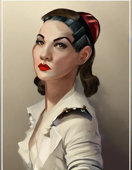 Image similar to intelligent female pirate captain 3 5 years old, 1 9 3 0 s haircut, fully clothed, wise, beautiful, portrait by stanley artgerm, dramatic lighting, trending on artstation, flat colour, geometric curves, gradient filter, art deco pattern, sharp focus