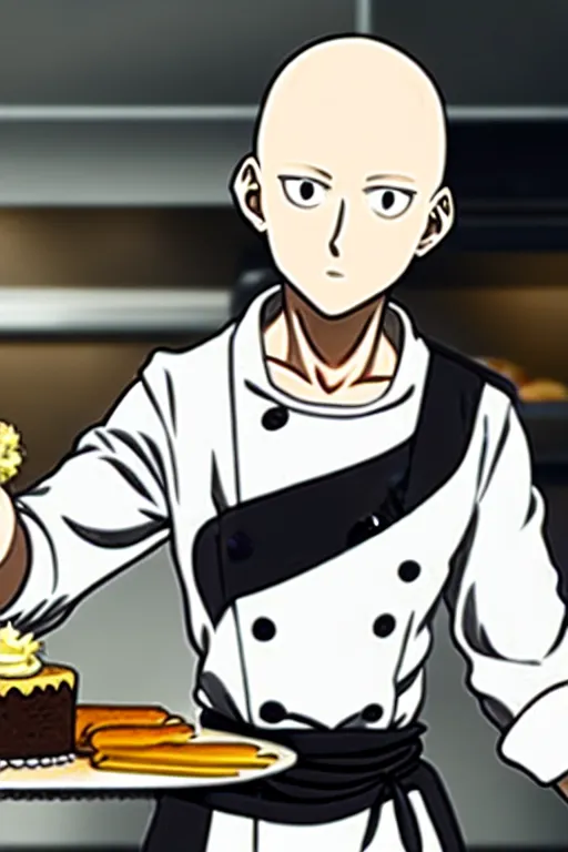 Image similar to chef saitama one punch man, dressed as a pastry chef, making a cake, anime artwork