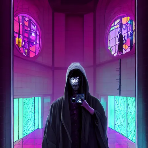 Prompt: highly detailed portrait of a scene of the Grim Reaper taking a selfie, mucha, colorful, purple, black, highly rendered, beautiful, cyberpunk, very highly detailed, symmetrical, archillect, moody lighting, glowing light and shadow, atmospheric, studio lighting, 8K