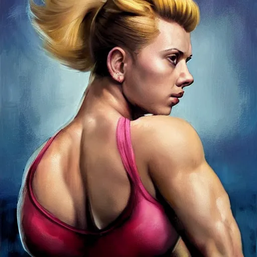 Prompt: greg manchess portrait of scarlett johansson as roided thick very muscular fitness model zarya from overwatch with short blond hair and ponytail, fantasy, medium shot, asymmetrical, profile picture, organic painting, sunny day, matte painting, bold shapes, hard edges, street art, trending on artstation, by huang guangjian and gil elvgren and sachin teng