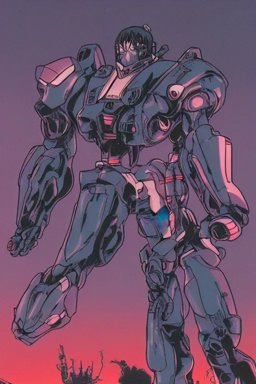 Prompt: boomer from bubblegum crisis at dusk, a color illustration by by tsutomu nihei and tetsuo hara