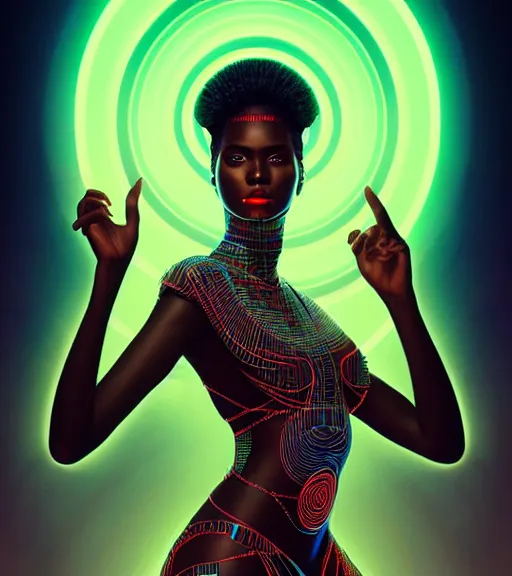 Image similar to symmetry!! african princess of technology, solid cube of light, hard edges, product render retro - futuristic poster scifi, lasers and neon circuits, beautiful dark skin african princess, intricate, elegant, highly detailed, digital painting, artstation, concept art, smooth, sharp focus, illustration, dreamlike, art by artgerm