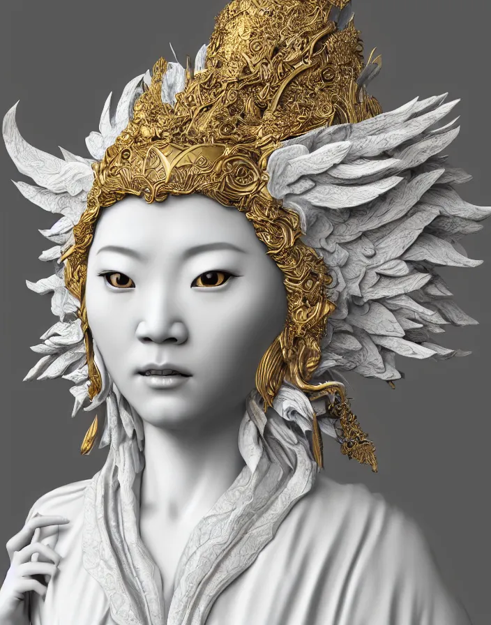 Image similar to hyper realistic portrait photo of ameterasu the sun goddess of japan, portrait shot, porcelain white face, intricate detail, octane render