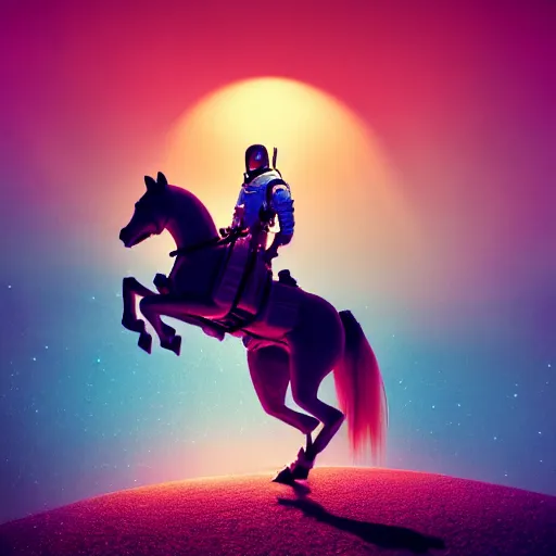 Image similar to photography of animal horse riding on top of an human man in astronaut costume. from western by hiroyuki okiura and katsuhiro otomo and alejandro hodorovski style with many details by mike winkelmann and vincent di fate in sci - fi style. volumetric natural light photo on dsmc 3 system,