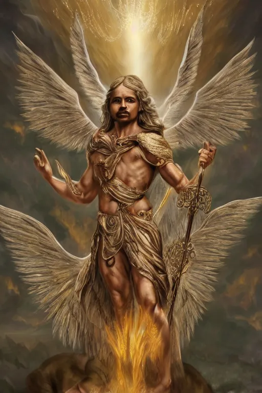 Image similar to a Chihuahua as god with a radiant halo and wings, detailed face, gorgeous, flowing hair, very muscular male body, partial anatomy, stormy and grand war scene, delicate and intricate borders for decoration, caesar victorious, proud Emperor, split lighting, character close-up, intricate, highly detailed, 8K, digital painting, fantasy, concept art, sharp focus, art by greg rutkowski beeple and alphonse mucha