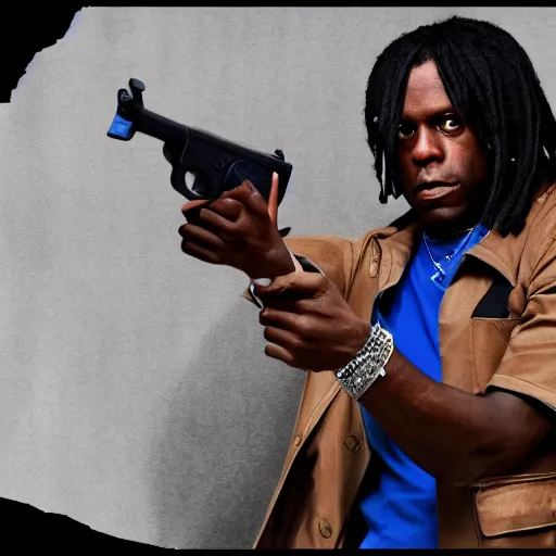 Prompt: Rapper Chief Keef holding a gun 4K quality super realistic digital art