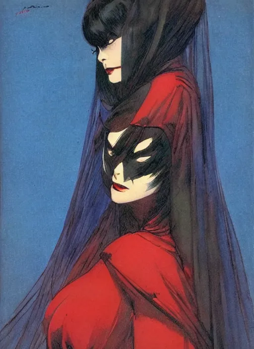 Image similar to portrait of heavyset mighty korean vampiress, jeweled veil, blue and red, strong line, saturated color, beautiful! coherent! by frank frazetta, high contrast, minimalism