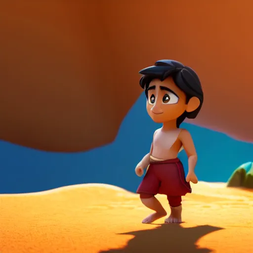 Image similar to a profile view of young aladdin as nendoroid walking in a desert in the croods movie style, 8 k, hd, dof, kodak film, volumetric lighting, subsurface scattering, photorealistic, octane render