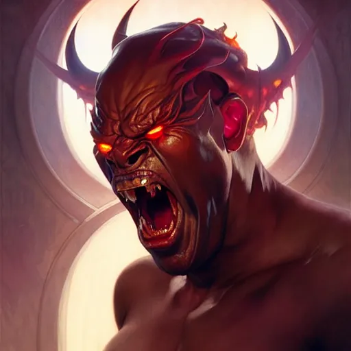 Prompt: face of angry male demon screaming, realistic, high qulity, 4 k, sharp fucos, tranding on art station, illustration, art by artgerm and greg rutkowski and alphonse mucha
