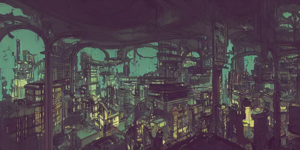 Prompt: a study of cell shaded cartoon of the interior of a bioshock style art deco city, illustration, post grunge, concept art by josan gonzales and wlop, by james jean, victo ngai, david rubin, mike mignola, laurie greasley, highly detailed, sharp focus, trending on artstation, hq, deviantart, art by artgem