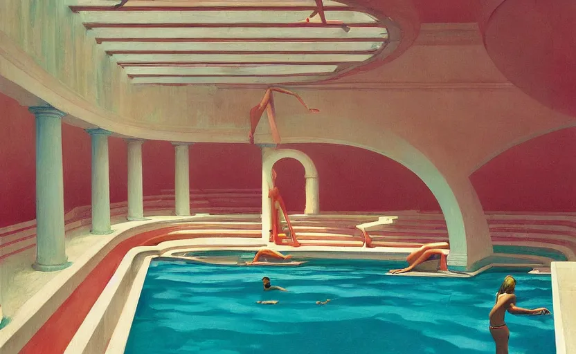 Prompt: Inside a big greek pool goddess, very coherent, painted by Edward Hopper, Wayne Barlowe, painted by James Gilleard, airbrush, art by JamesJean