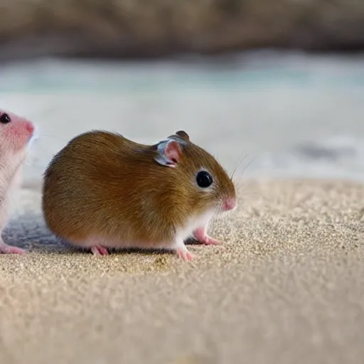 Prompt: hamster proposing to his girlfriend on the beach