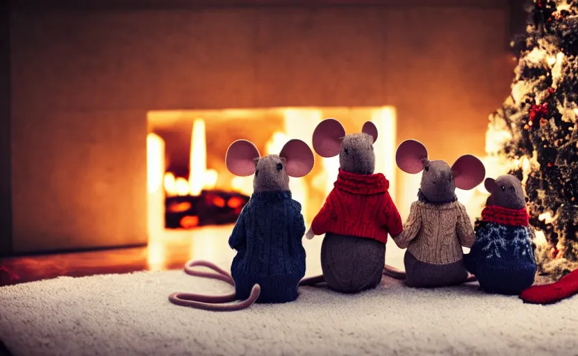 Image similar to a mouse family sitting in front of a cozy christmas fireplace wearing woolen sweater, cinematic lighting, dark atmosphere