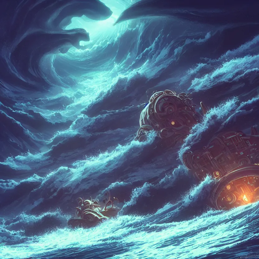 Image similar to treasure planet, kraken monster in a stormy sea with huge waves, huge tentacles, clouds, stars, rings, beautiful lighting, vivid colors, intricate, elegant, smooth, concept art, cinematic, unreal engine, wallpaper, by syd mead, terada katsuya, atey ghailan, svetlin velinov, makoto shinkai art style