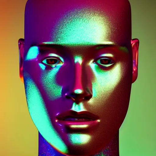 Image similar to 3d render of holographic human robotic head made of glossy iridescent, surrealistic 3d illustration of a human face non-binary, non binary model, 3d model human, cryengine, made of holographic texture, holographic material, holographic rainbow, concept of cyborg and artificial intelligence