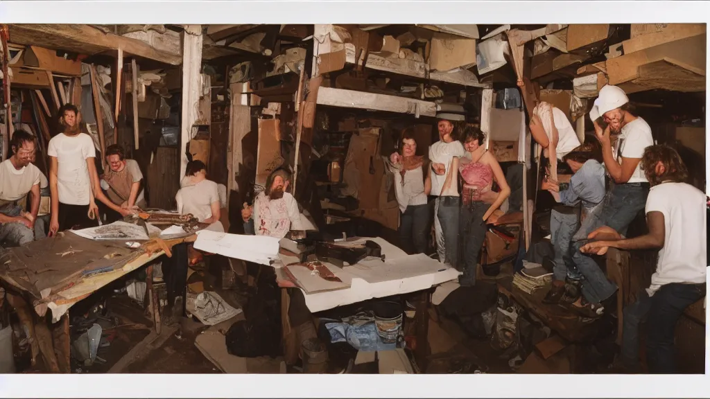 Prompt: A group of artists working in their cramped basement, 90s Film Photo, Flash Photography, 40mm lens, Award Winning, 8k Film Scan