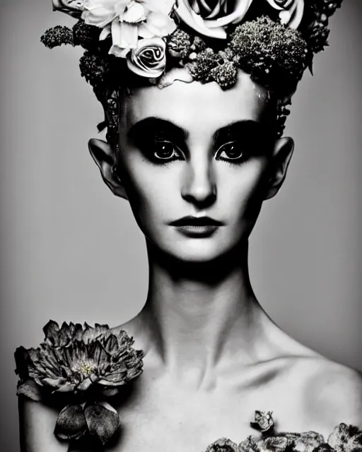 Image similar to a black and white high quality dreamy photo of a young beautiful female queen-pale dragon-vegetal-many flower-cyborg bust with a very long neck, elegant, highly detailed, poetic, soft, dreamy, mysterious, high fashion, rim light, in the style of Ellen von Unwerth, Realistic, Refined, Digital Art, Highly Detailed, Cinematic Lighting, rim light, black and white, photo-realistic, 8K
