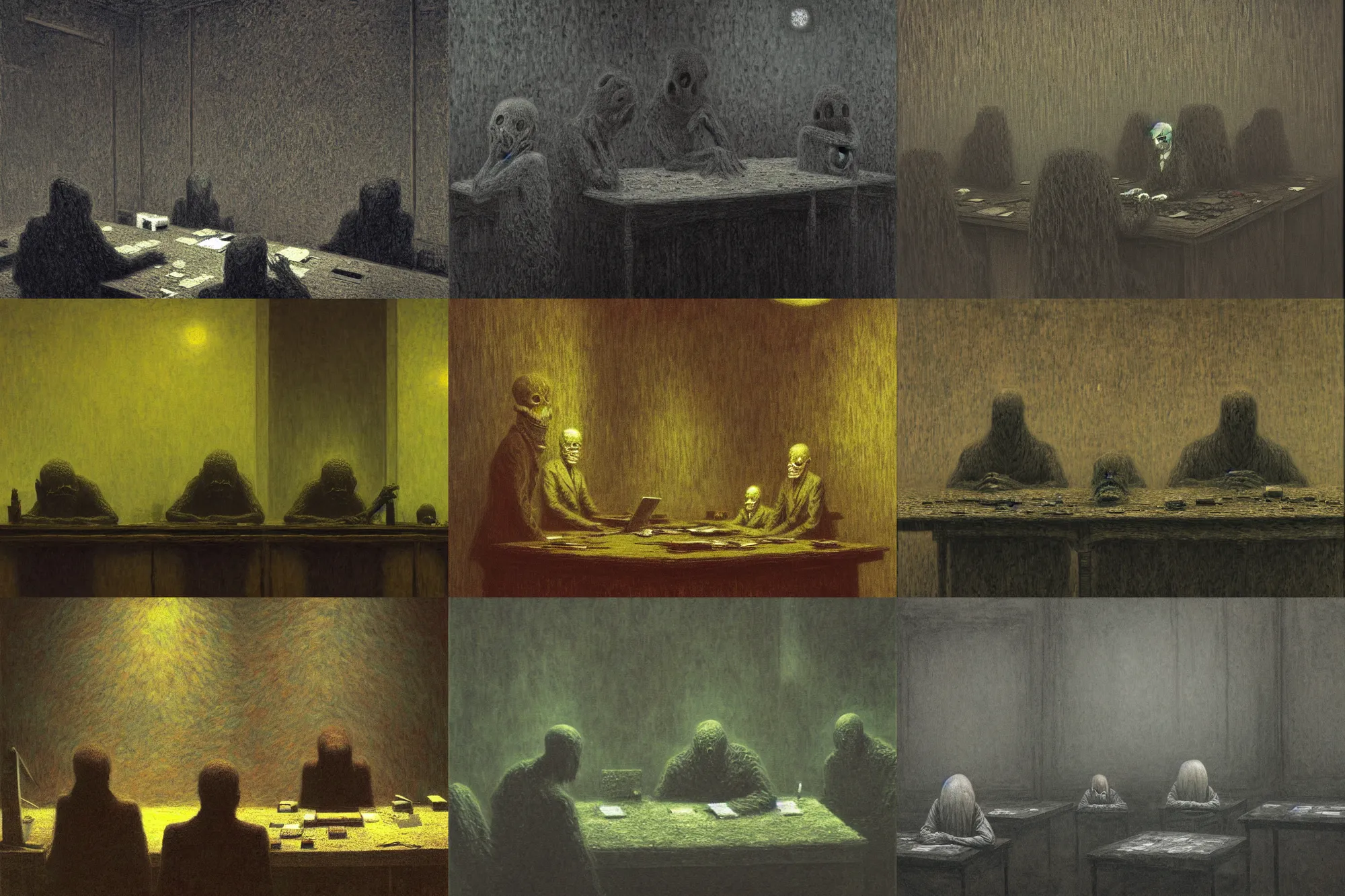 Prompt: gloomy eerie three faceless businessmen spirit creatures sitting perfectly still behind a desk in a dark room. zdislaw beksinski, yoshitaka amano, creepy, horror, beautiful painting by claude monet, highly detailed textured 8 k