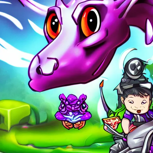 Image similar to a pet dragon, sprites driving motorbikes, and purple magic from a staff