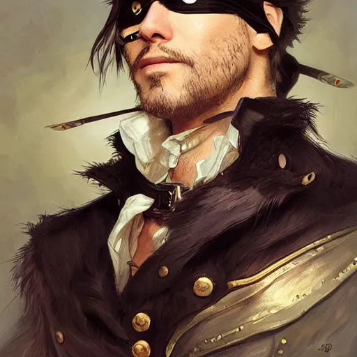 Image similar to portrait, male humanoid cat, eye patch on one eye, black fur, pirate, doctor, pirate clothes, d & d, fantasy, intricate, elegant, highly detailed, digital painting, artstation, concept art, matte, sharp focus, illustration, art by artgerm and greg rutkowski and alphonse mucha