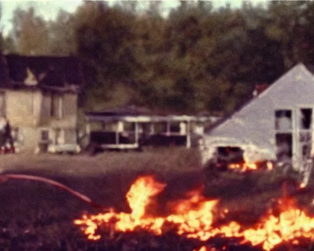 Image similar to a movie still from 'A Goose Set my House on Fire', 40mm tape, technicolour film, goose in foreground!!!!, housefire, letterboxing, widescreen