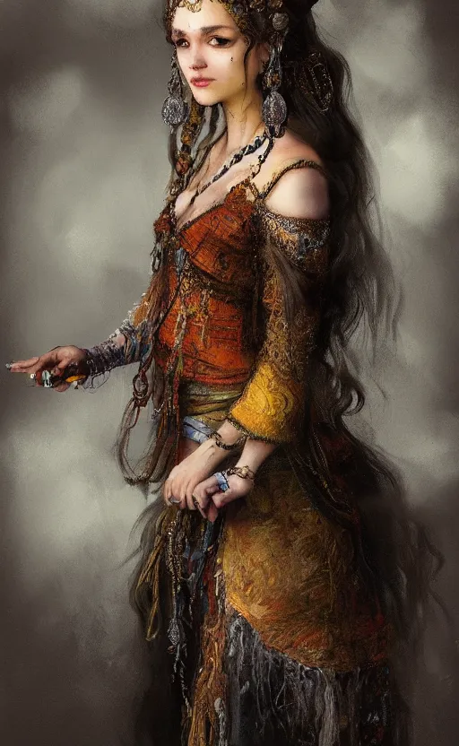 Prompt: Gypsy gothic princess. By Rembrandt and artstation trending